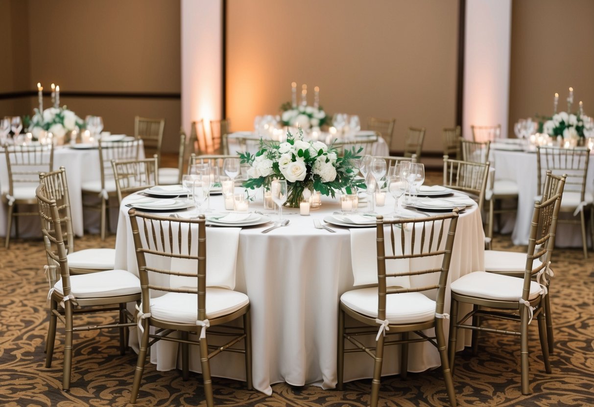 A beautifully decorated bridal table with elegant chairs and place settings, positioned prominently at the center of the reception hall