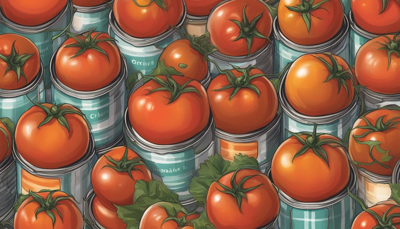 A can of tomatoes with visible signs of spoilage and contamination, such as bulging, rust, or dents