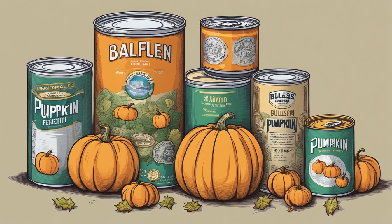 A can of pumpkin with visible signs of spoilage, such as bulging or dents, surrounded by a few other expired canned goods