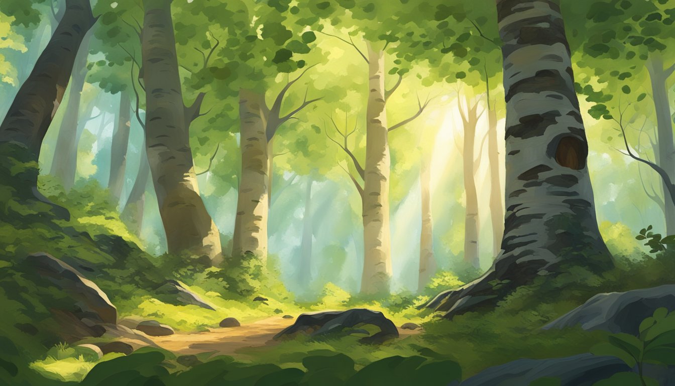 A serene forest clearing with a large birch tree covered in chaga mushrooms, surrounded by vibrant green foliage and dappled sunlight filtering through the canopy above