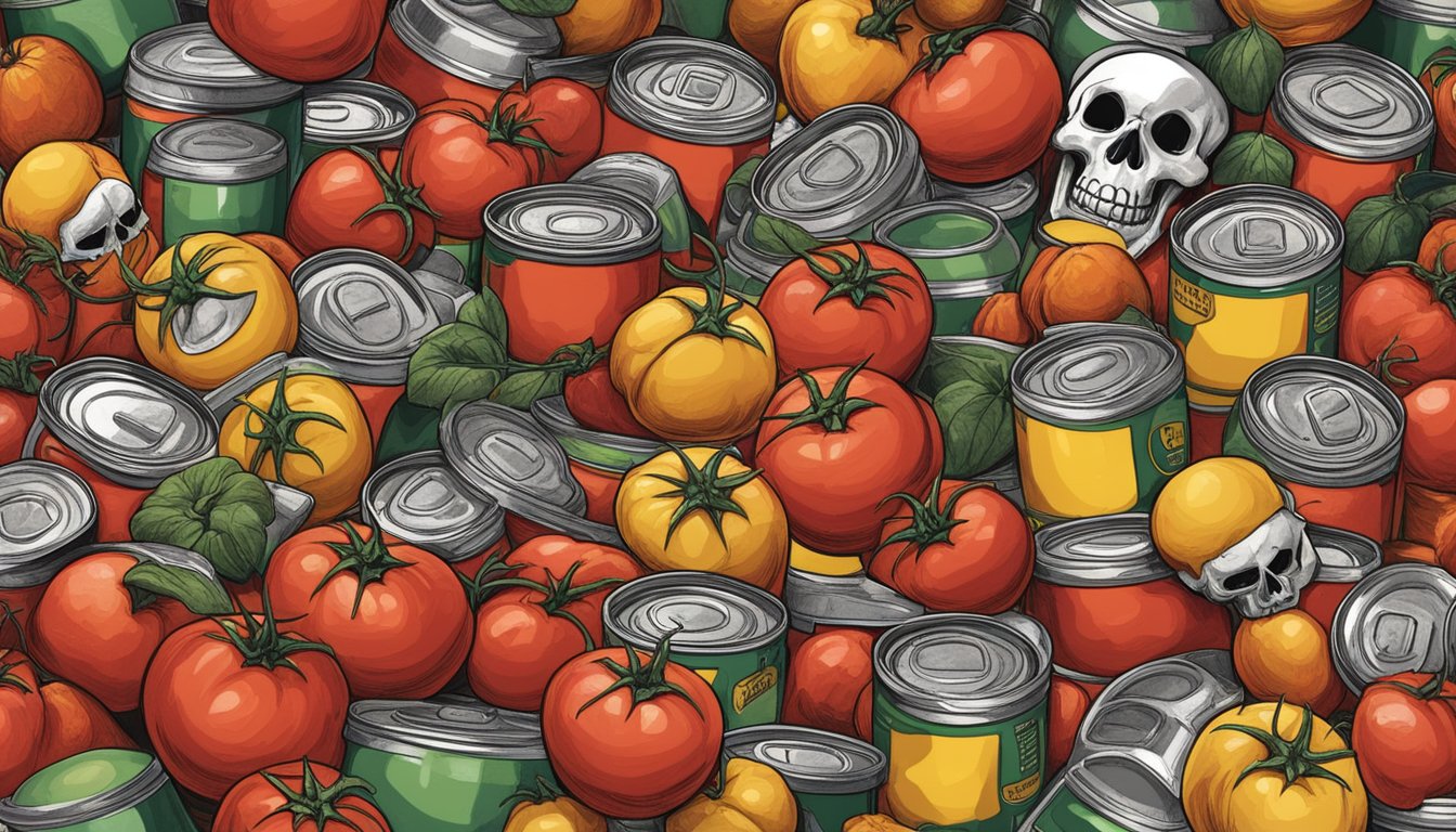 A pile of expired canned tomatoes surrounded by warning signs and a skull and crossbones symbol