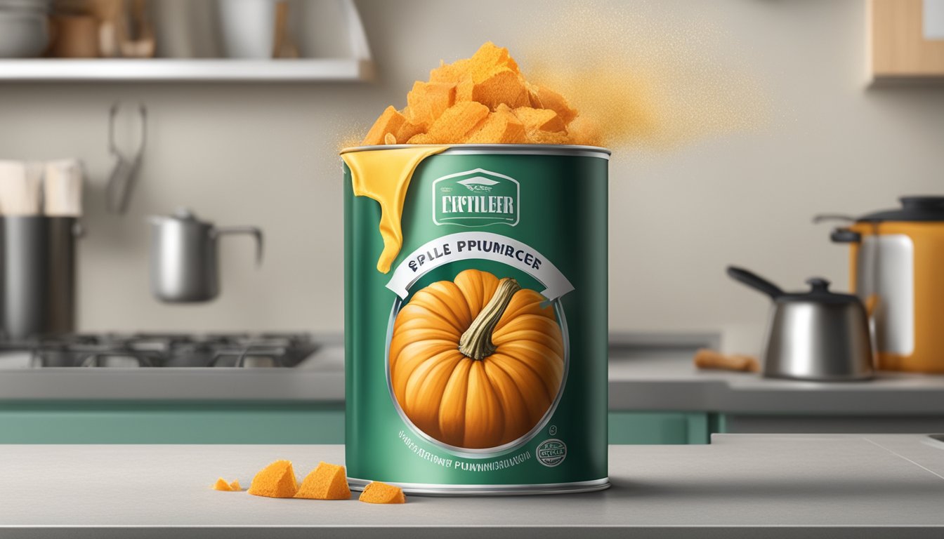 An open can of expired pumpkin with visible signs of spoilage, such as mold or discoloration, sitting on a kitchen counter