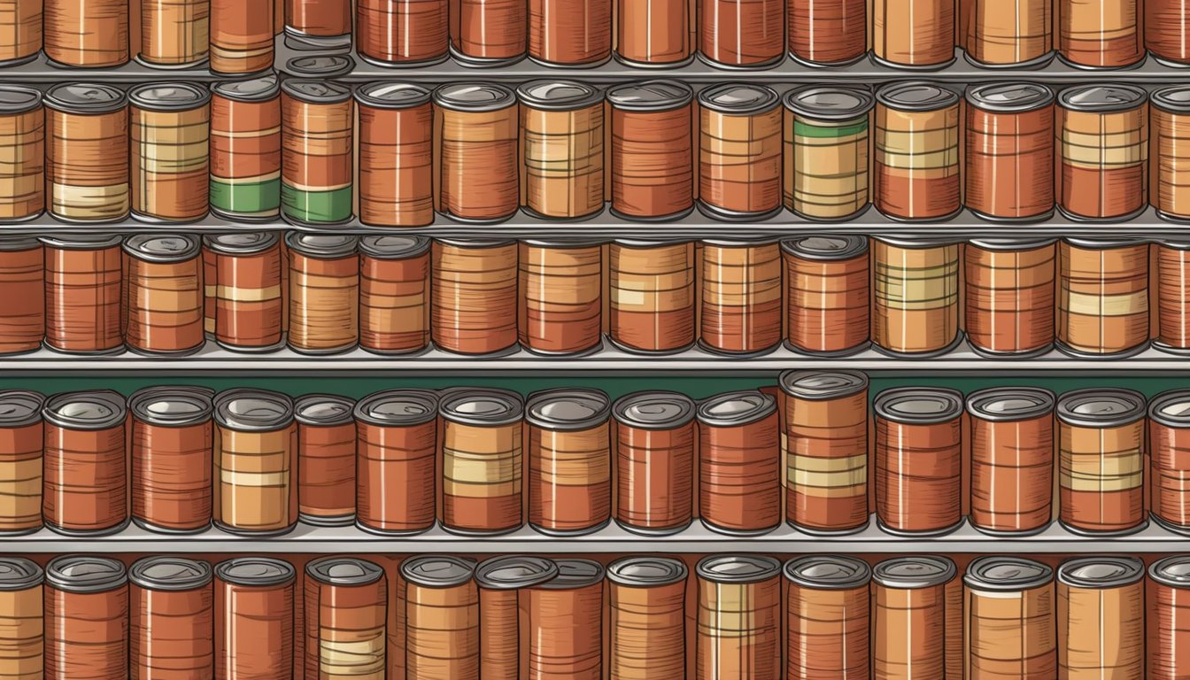 A pantry shelf with neatly organized rows of canned tomatoes, some with expiration dates clearly visible