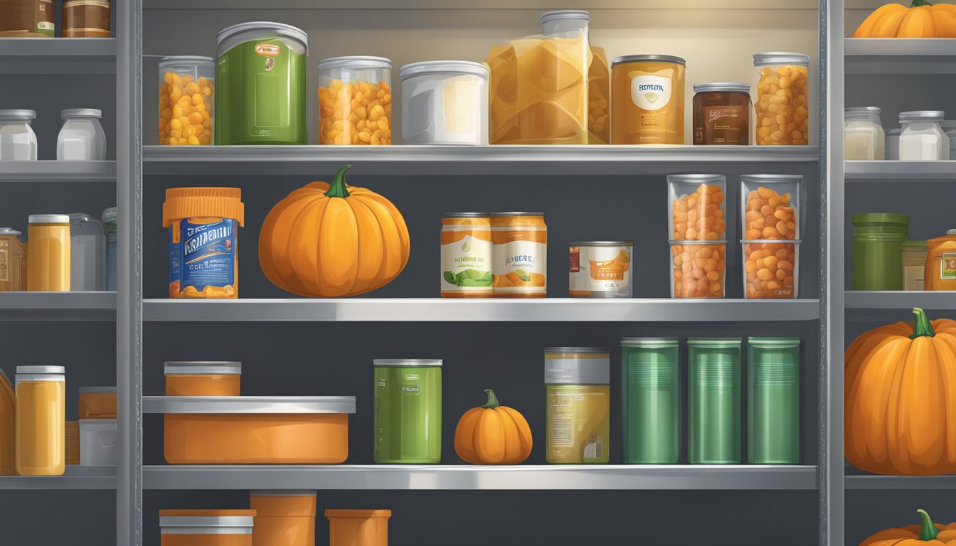 A pantry shelf with expired canned pumpkin next to a trash bin