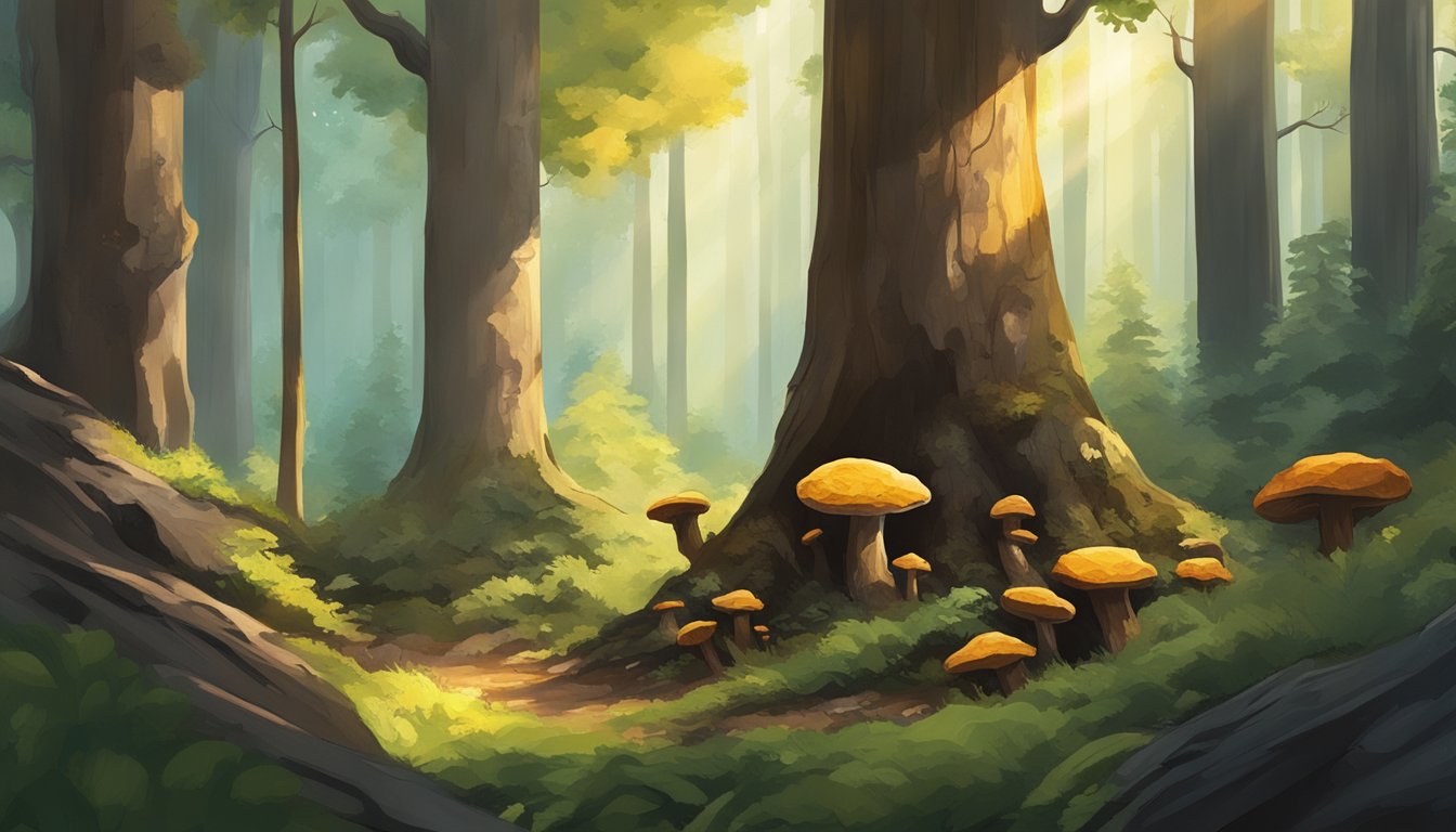 A serene forest scene with a cluster of chaga mushrooms growing on the side of a tree, surrounded by lush greenery and sunlight filtering through the leaves