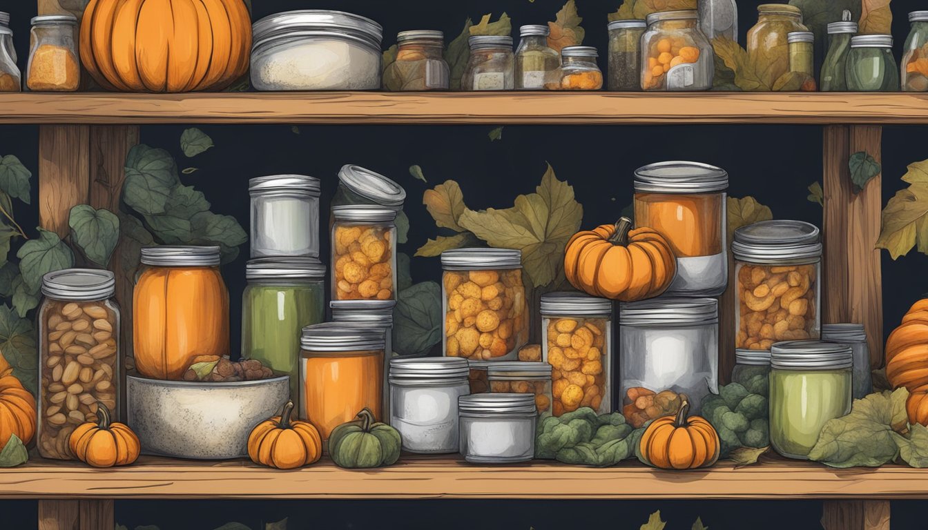 A dusty, neglected pantry shelf with expired canned pumpkin surrounded by other forgotten food items