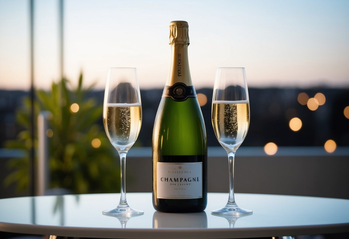 A champagne bottle and two flutes on a sleek, modern table