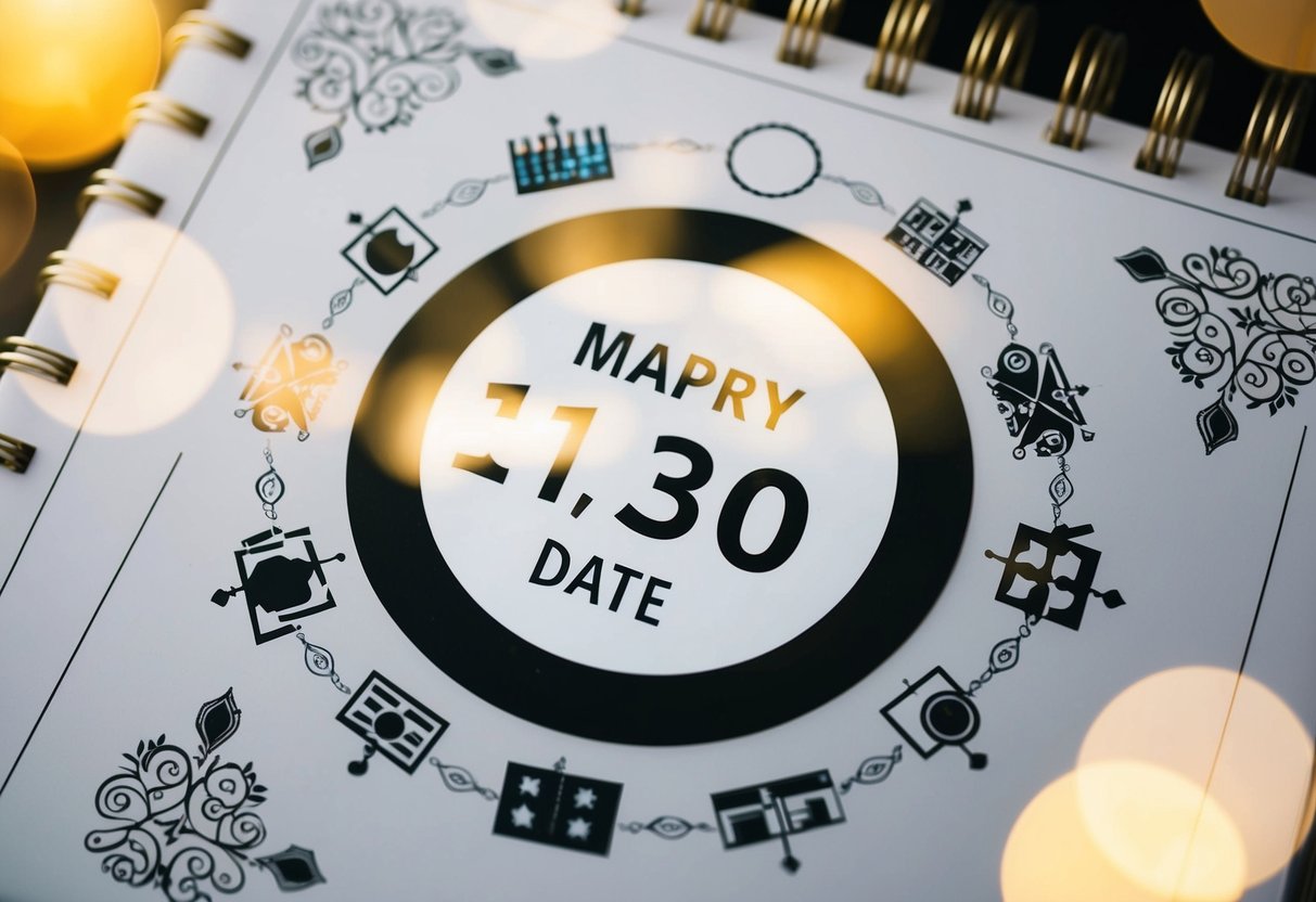 A calendar with a circle around a specific date, surrounded by decorative elements and symbols