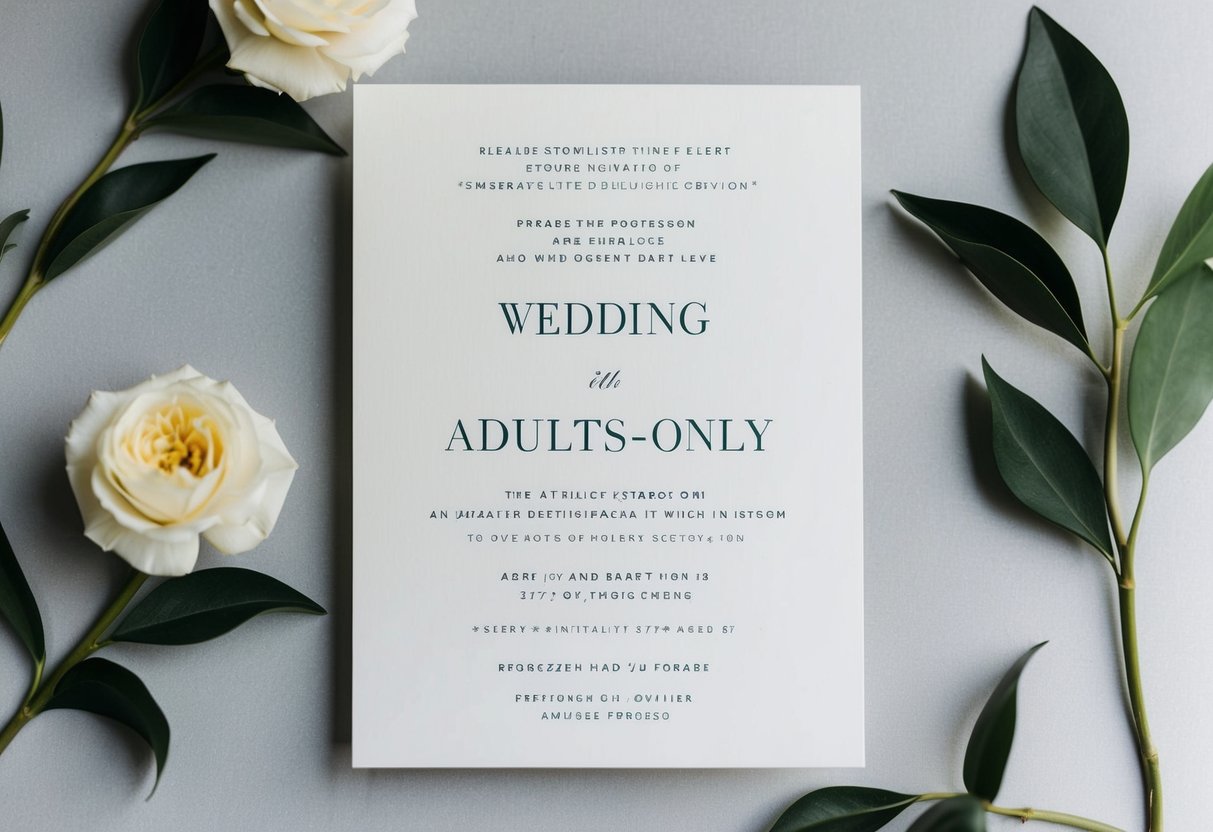 A wedding invitation with a sophisticated design, featuring elegant fonts and a minimalistic layout, indicating an adults-only event