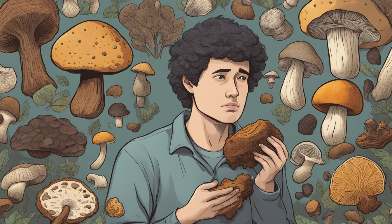 A person holding a chaga mushroom, surrounded by various other types of mushrooms, with a concerned expression on their face