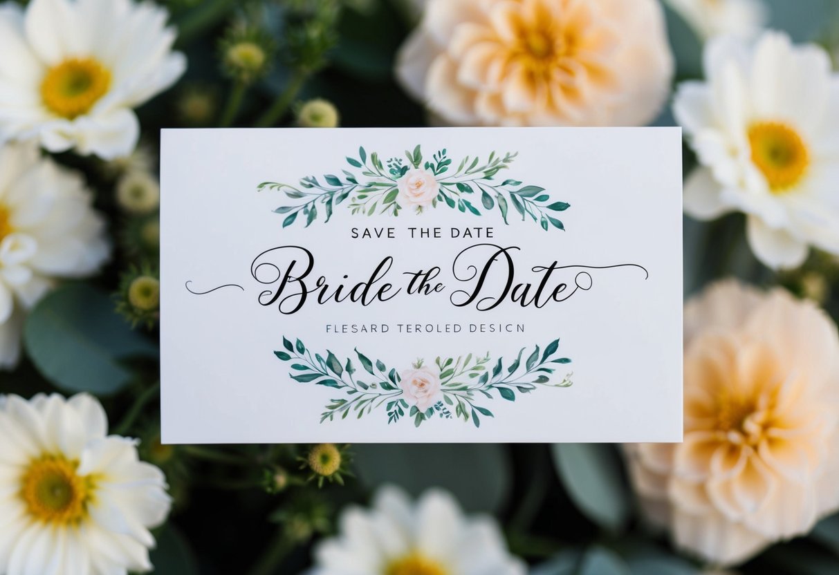 A save the date card with the bride's name listed first followed by the groom's name in elegant calligraphy on a background of floral designs
