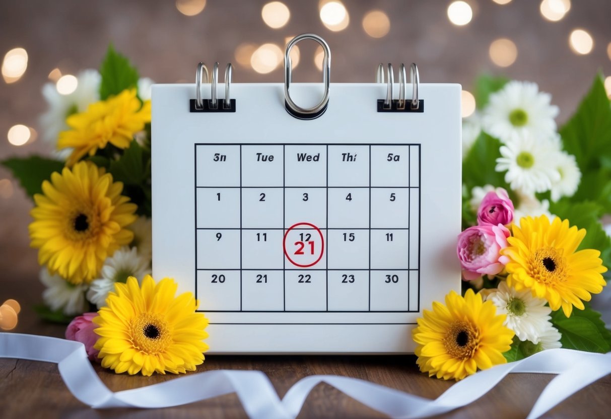 A calendar with a circled date, surrounded by flowers and a ribbon