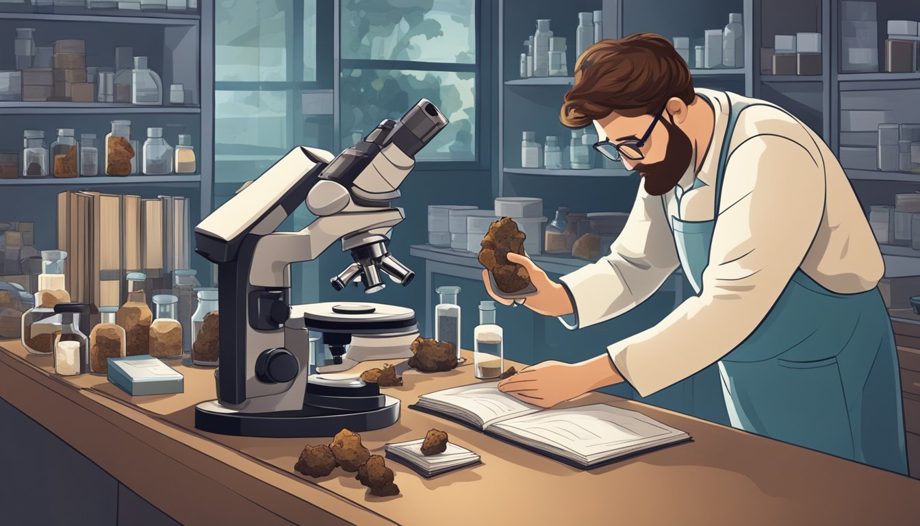 A person in a laboratory setting, examining a chaga mushroom under a microscope with various research equipment and scientific literature in the background