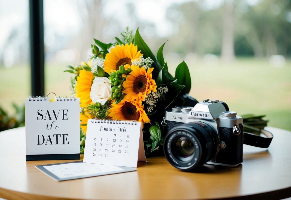 A table with a bouquet of flowers, a calendar, and a camera, with a save-the-date card propped up against the flowers