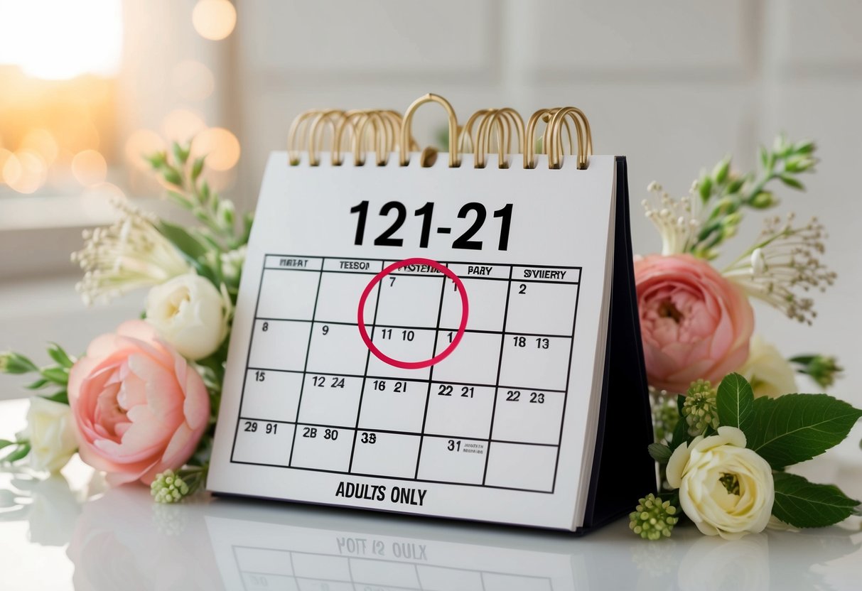 A calendar with a prominent date circled, surrounded by elegant floral decorations and a small note indicating "Adults Only."
