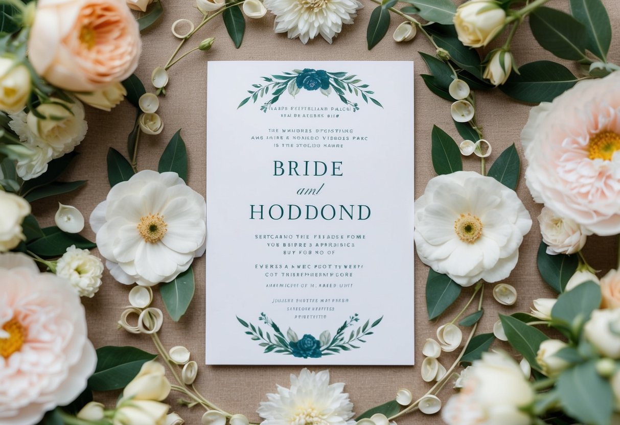 A wedding invitation with the bride's name listed first, surrounded by floral decorations and elegant typography