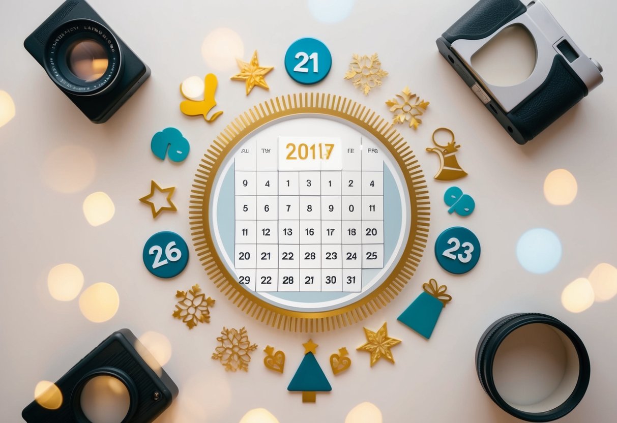 A calendar with a circle around a specific date, surrounded by decorative elements and symbols of celebration