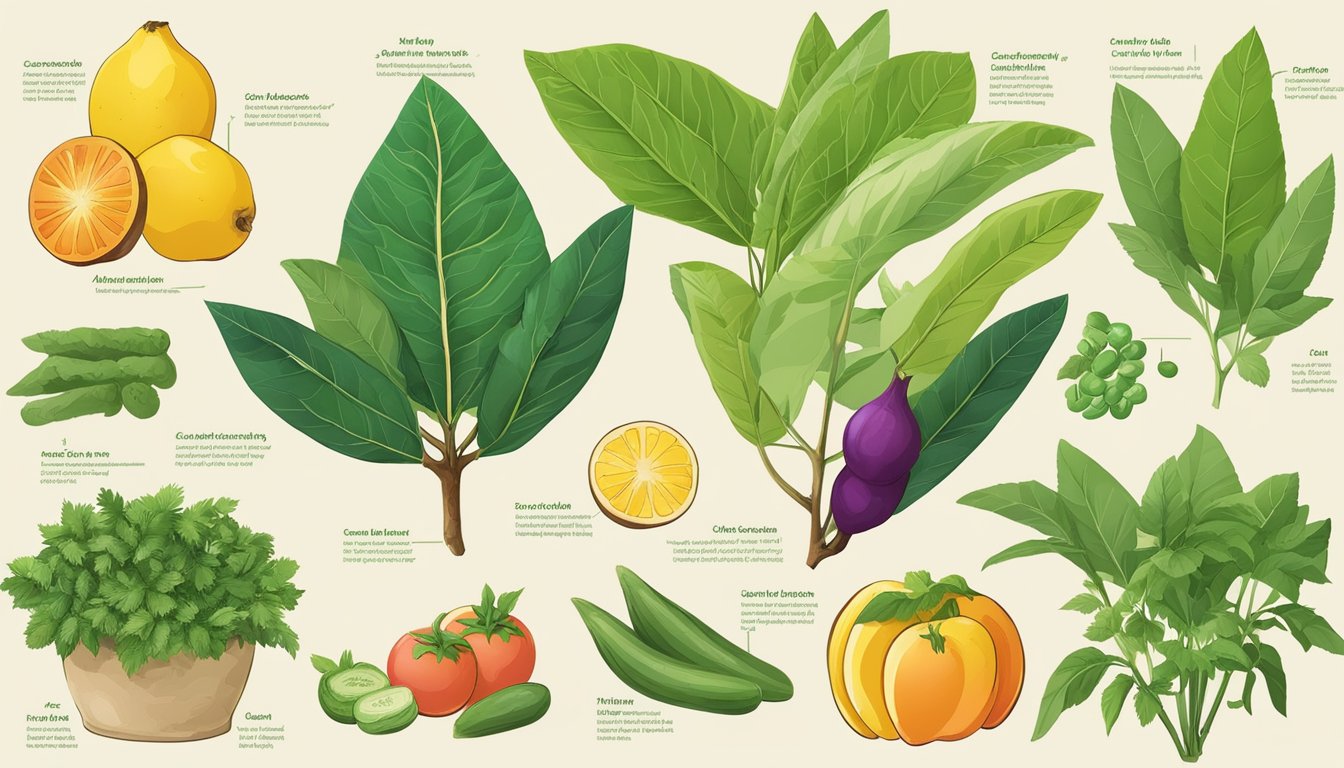 A colorful illustration of cassava leaves surrounded by various fruits and vegetables, with a nutritional chart displayed nearby