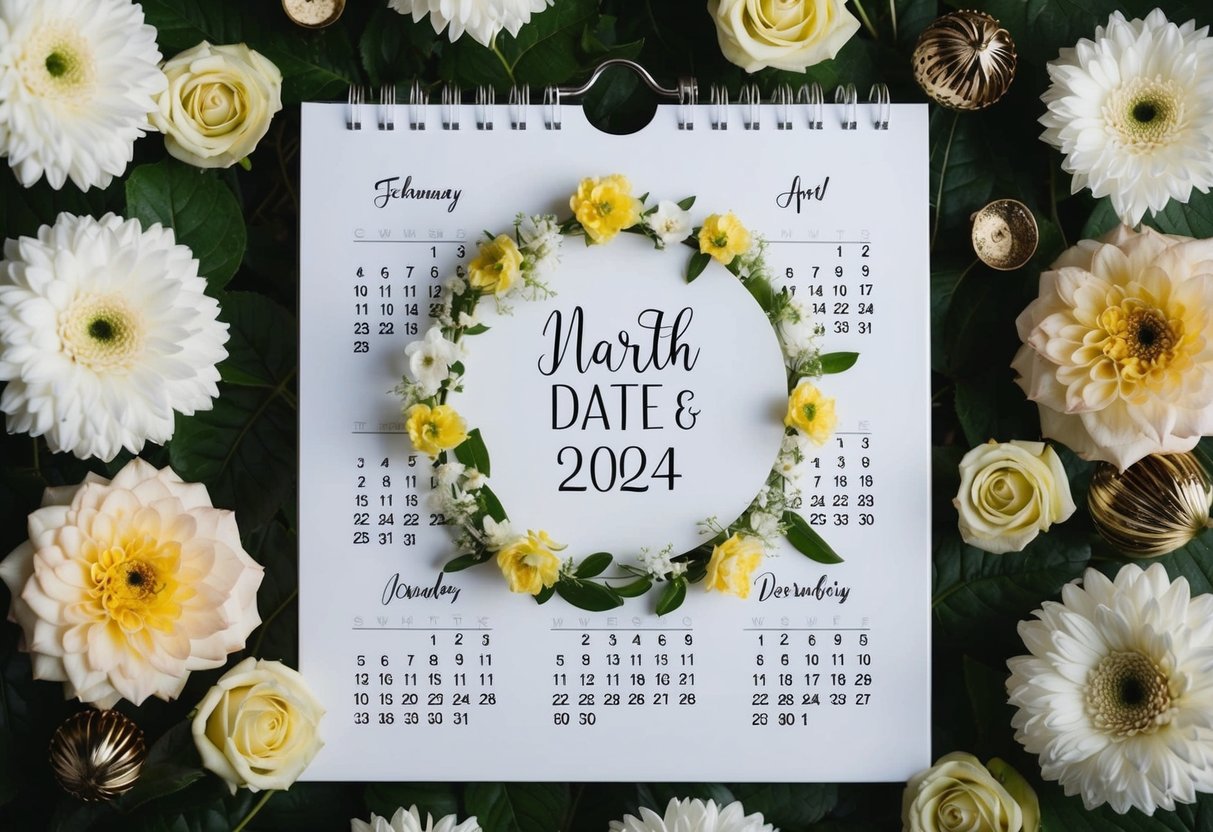 A calendar with a circle around the date of the wedding, surrounded by flowers and decorative elements