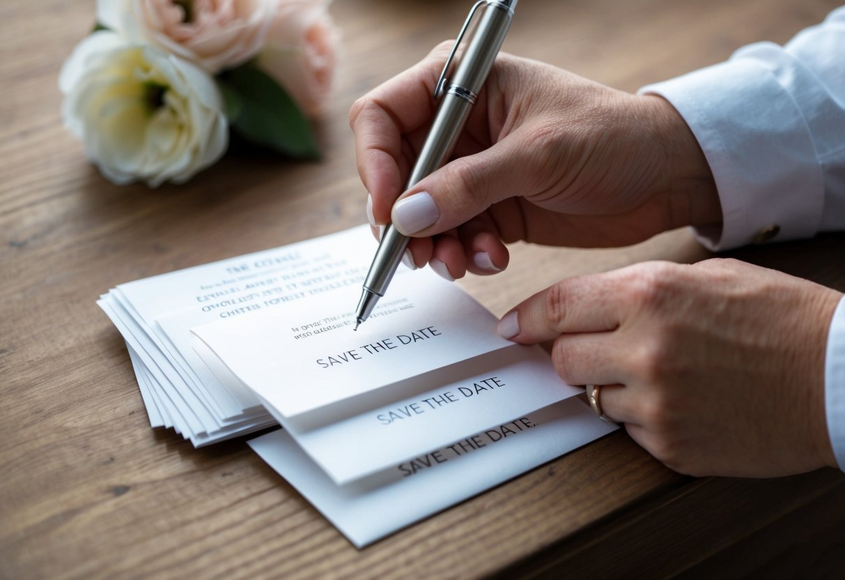 A hand holding a pen, addressing envelopes with save the date cards and a list of names in front