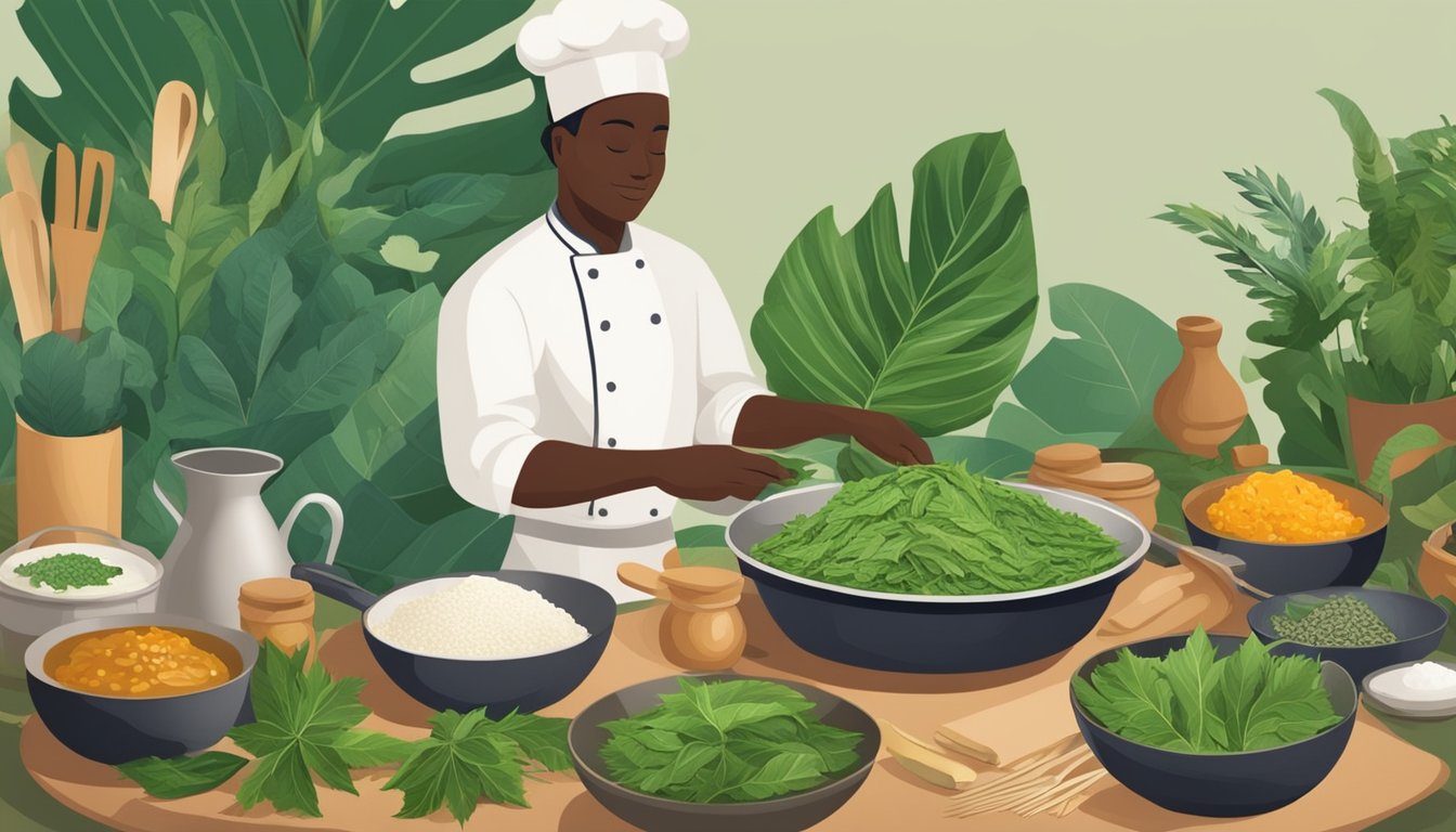 A chef preparing a traditional dish with cassava leaves, surrounded by various cooking utensils and ingredients