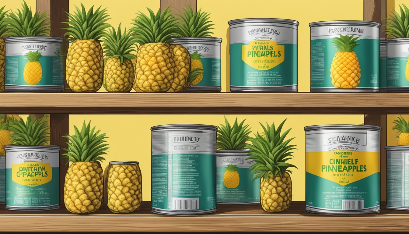 A pantry shelf with neatly stacked canned pineapples, one opened and half-eaten, with expiration dates clearly visible on the labels