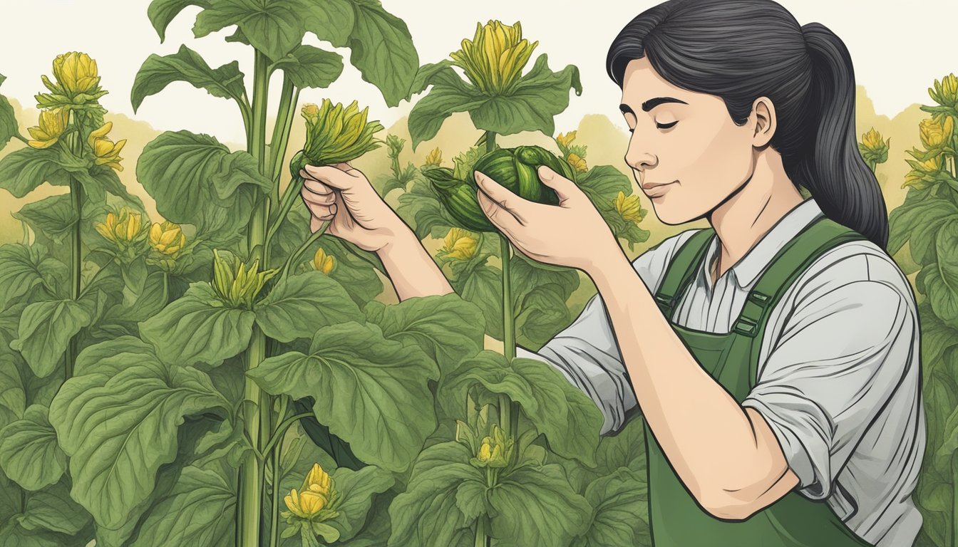 A person plucks unripe zucchini blossoms from the plant, examining them closely for any signs of spoilage or potential risks before deciding whether to consume them