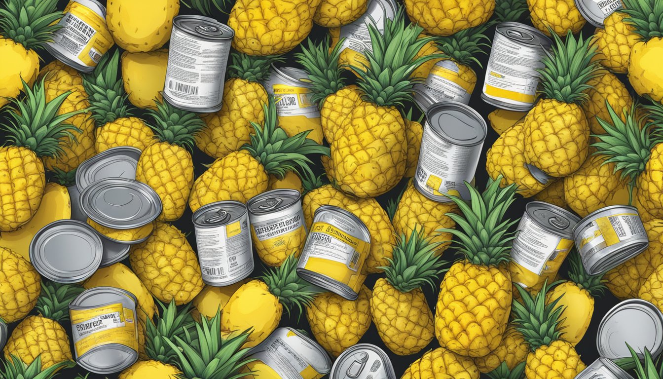 A pile of expired canned pineapples surrounded by caution signs and a warning label