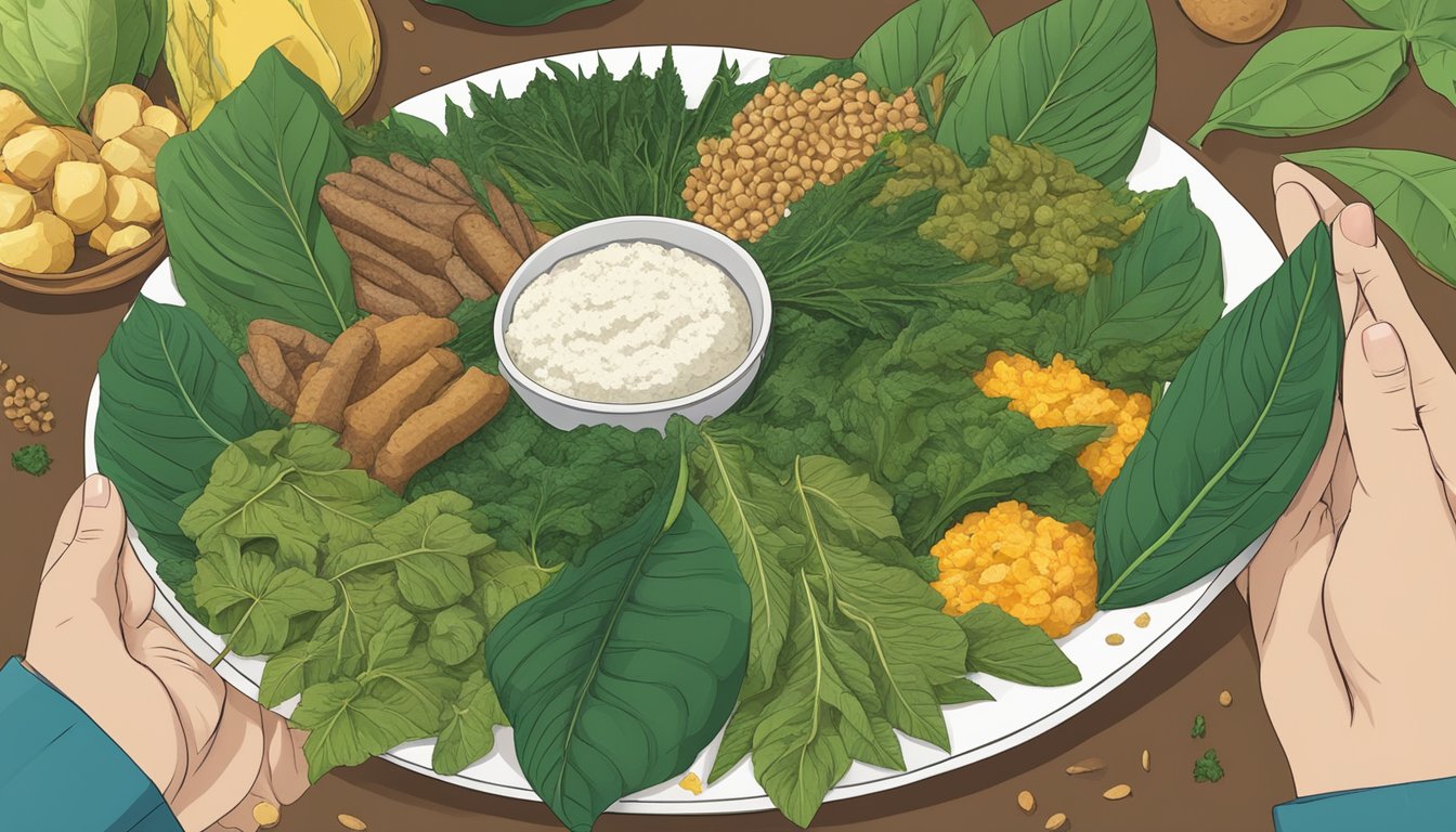 A person holding a plate of cooked cassava leaves, with various other food items and ingredients surrounding it, including a sign indicating "specific diets" with a question mark