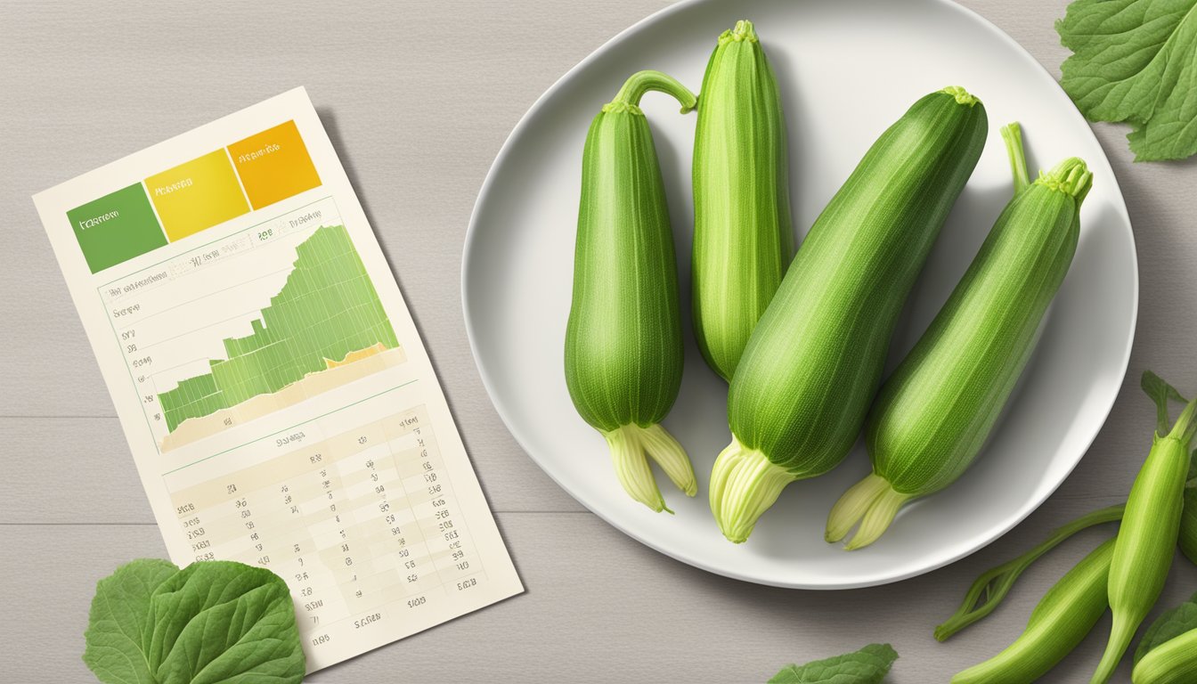 A plate of unripe zucchini blossoms with a nutritional profile chart next to it