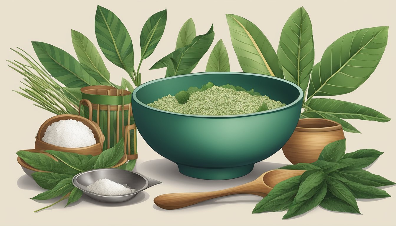 A bowl of cassava leaves surrounded by traditional cooking utensils and modern kitchen tools, representing the global use of the ingredient