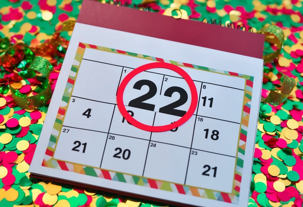A calendar with a circled date, surrounded by confetti and a festive border