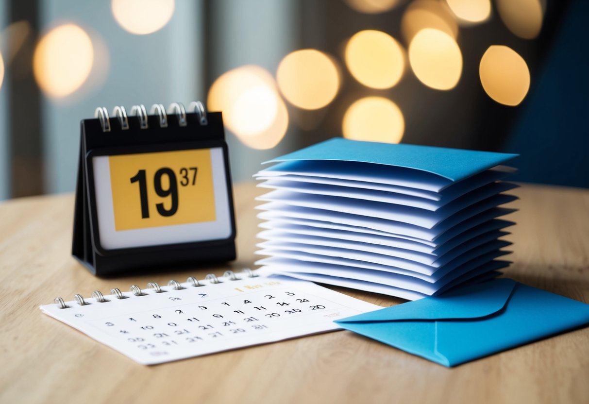 A calendar with a highlighted date and a stack of envelopes ready to be mailed