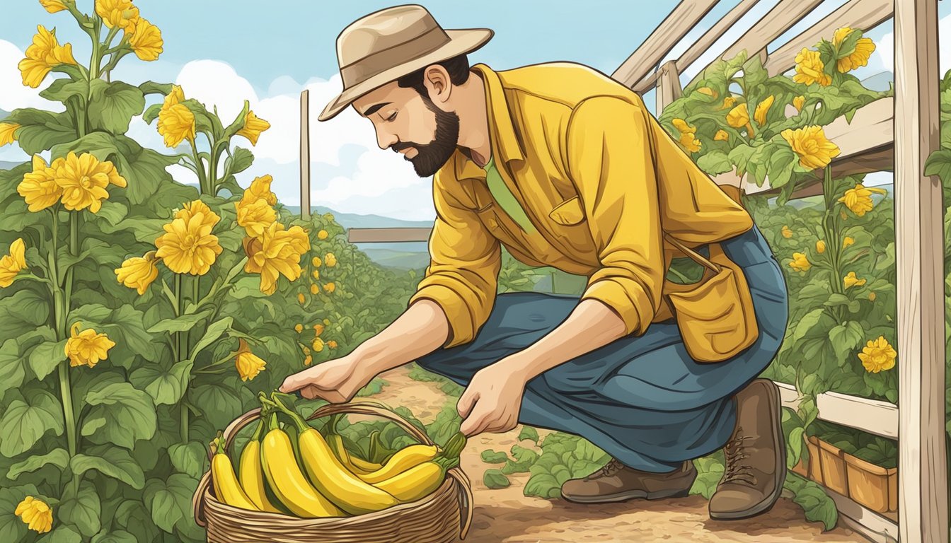 A gardener carefully plucks vibrant yellow zucchini blossoms from the plant, inspecting each one before placing them in a basket