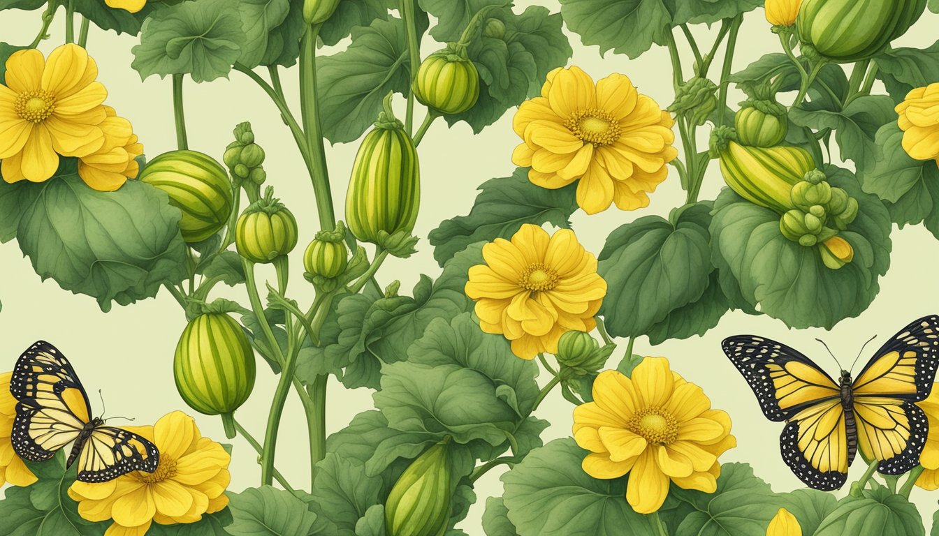 A zucchini plant with yellow blossoms and unripe zucchinis growing on the vine. Bees and butterflies hover around the flowers