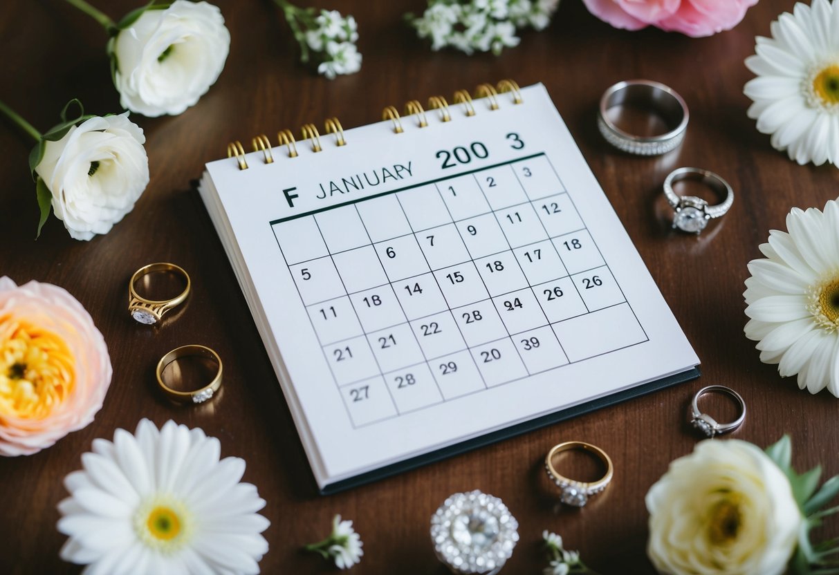 A calendar with a circled date, surrounded by wedding-related items like flowers, rings, and a cake