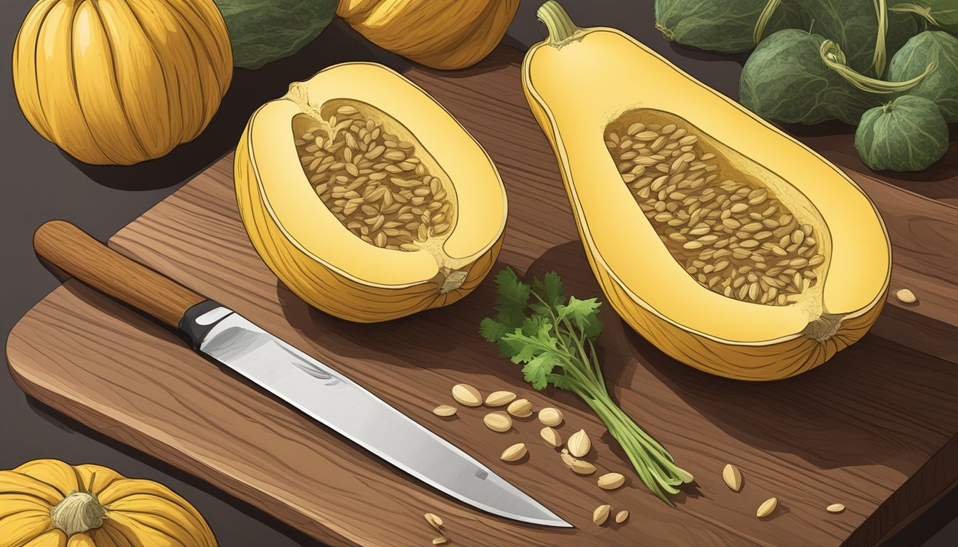 A ripe spaghetti squash sits on a cutting board, surrounded by a knife, seeds, and a bowl of cooked squash strands