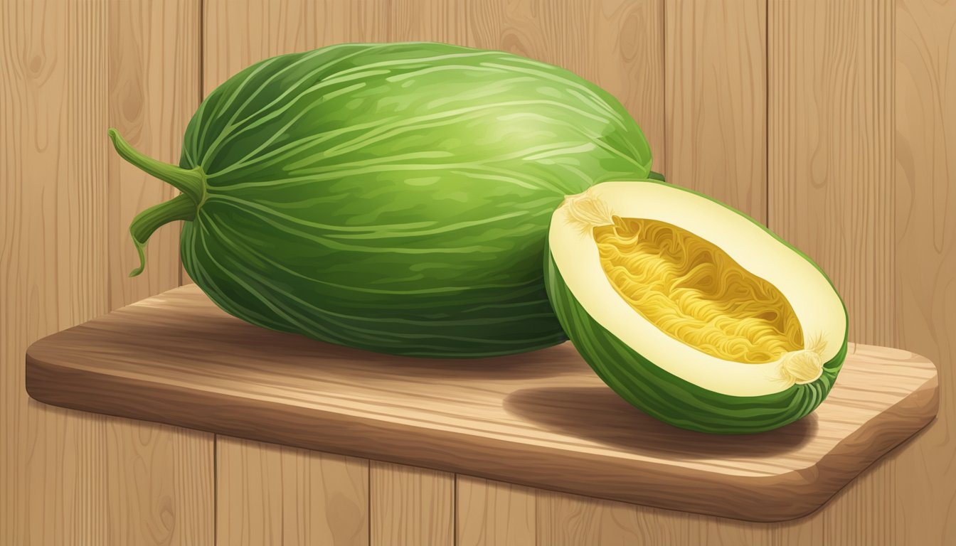 A whole unripe spaghetti squash with a green, firm skin, sitting on a wooden cutting board