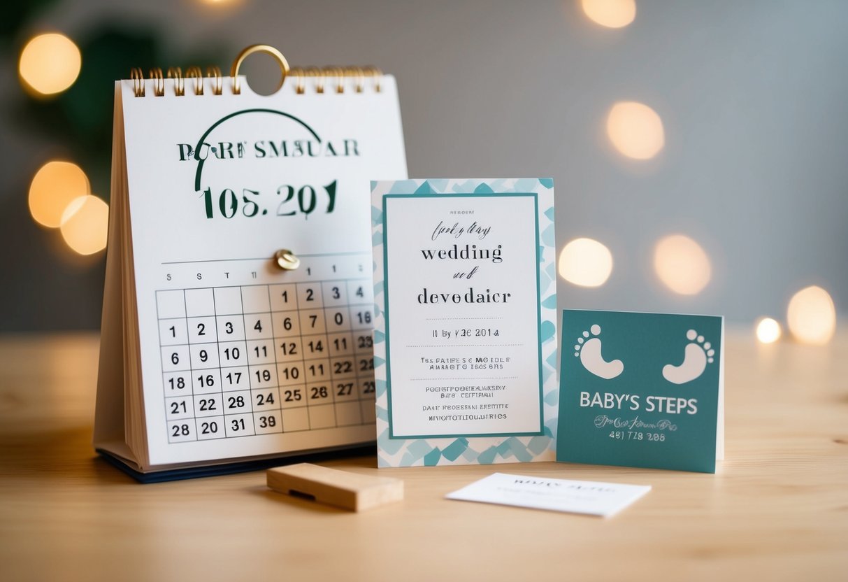 A calendar with a circled date, a wedding invitation, and a baby's first steps milestone marker