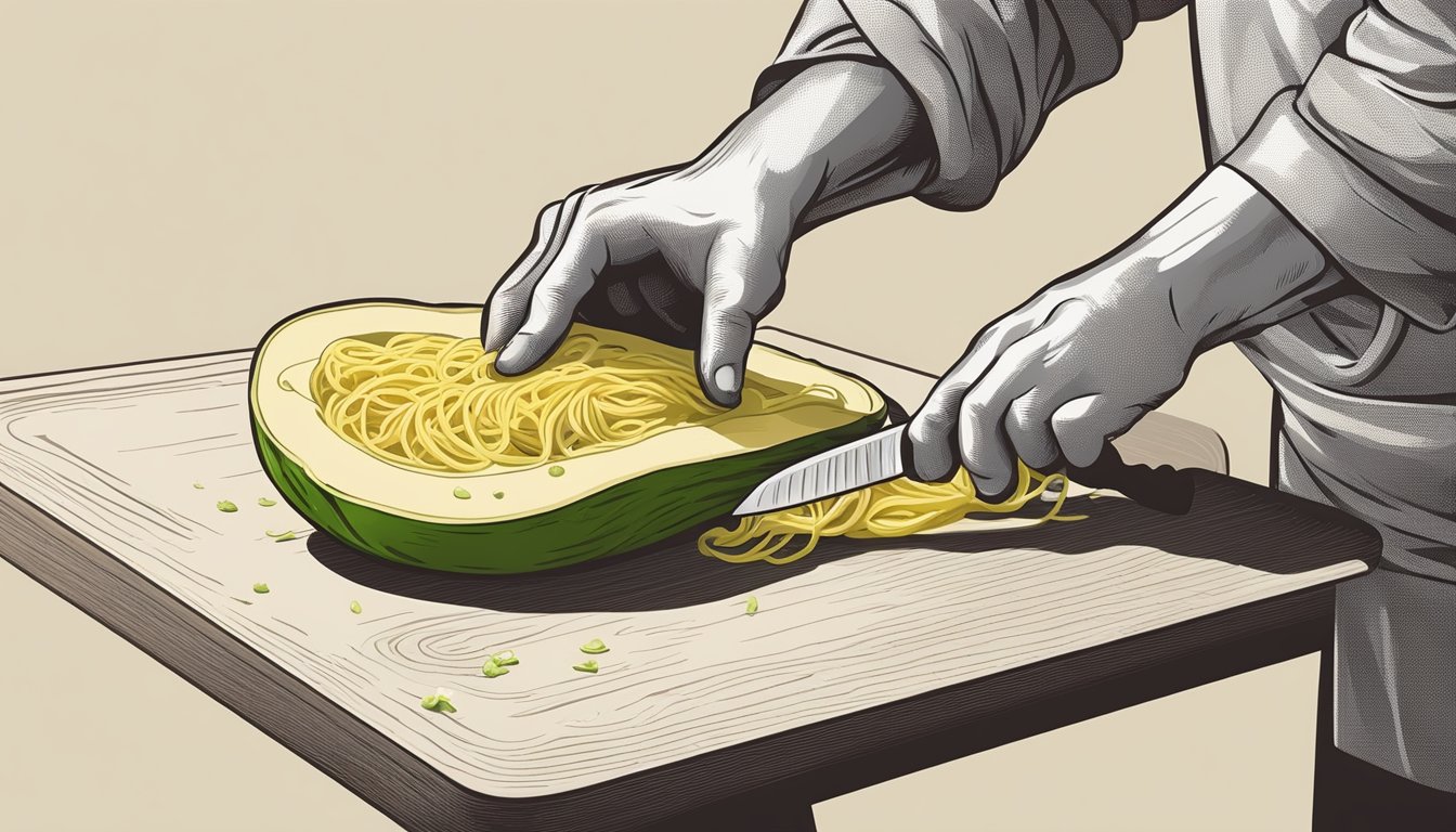 A chef slicing open an unripe spaghetti squash with a knife on a cutting board