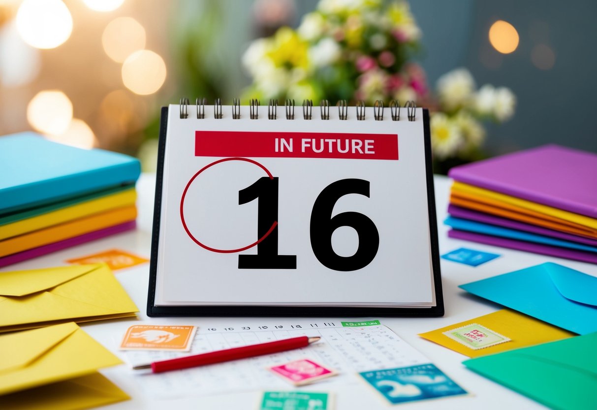 A calendar with the date 16 months in the future circled in red, surrounded by colorful stationery, stamps, and envelopes