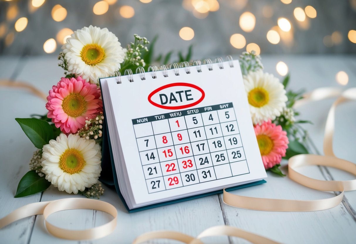 A calendar with the date circled in red, surrounded by floral decorations and a ribbon