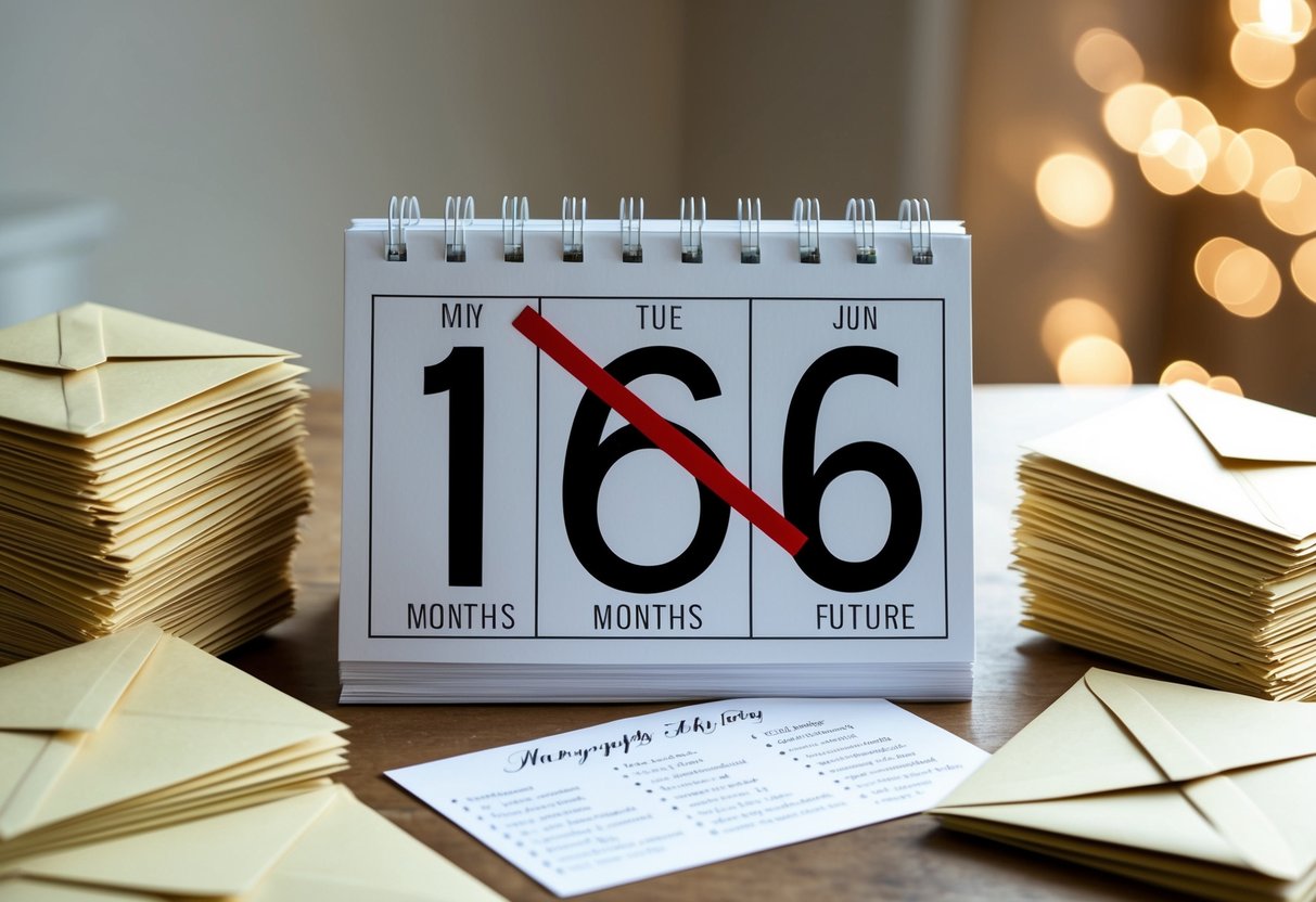 A calendar with a crossed-out date 16 months in the future, surrounded by stacks of invitation envelopes and a list of names