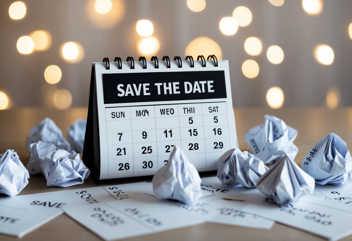 A calendar with a marked date in the past, surrounded by crumpled up save the date cards