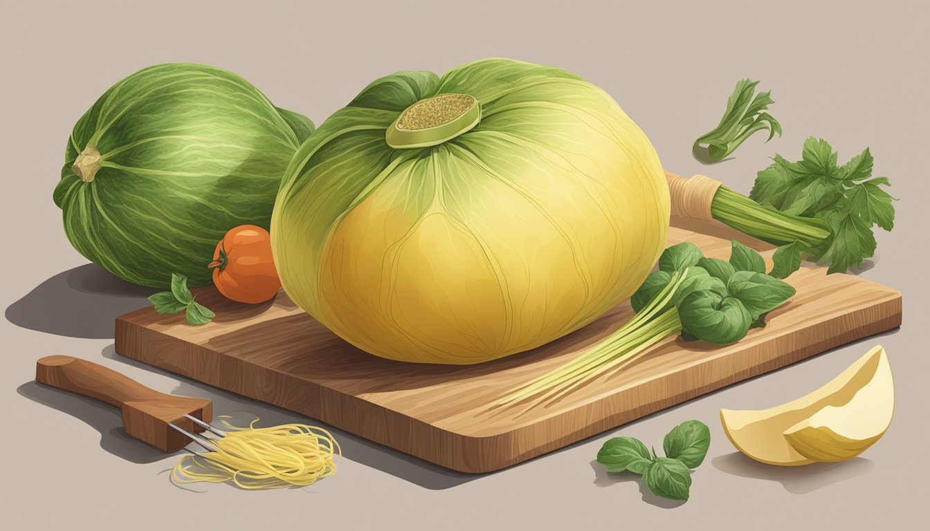 A whole unripe spaghetti squash sitting on a wooden cutting board, surrounded by various kitchen utensils and ingredients