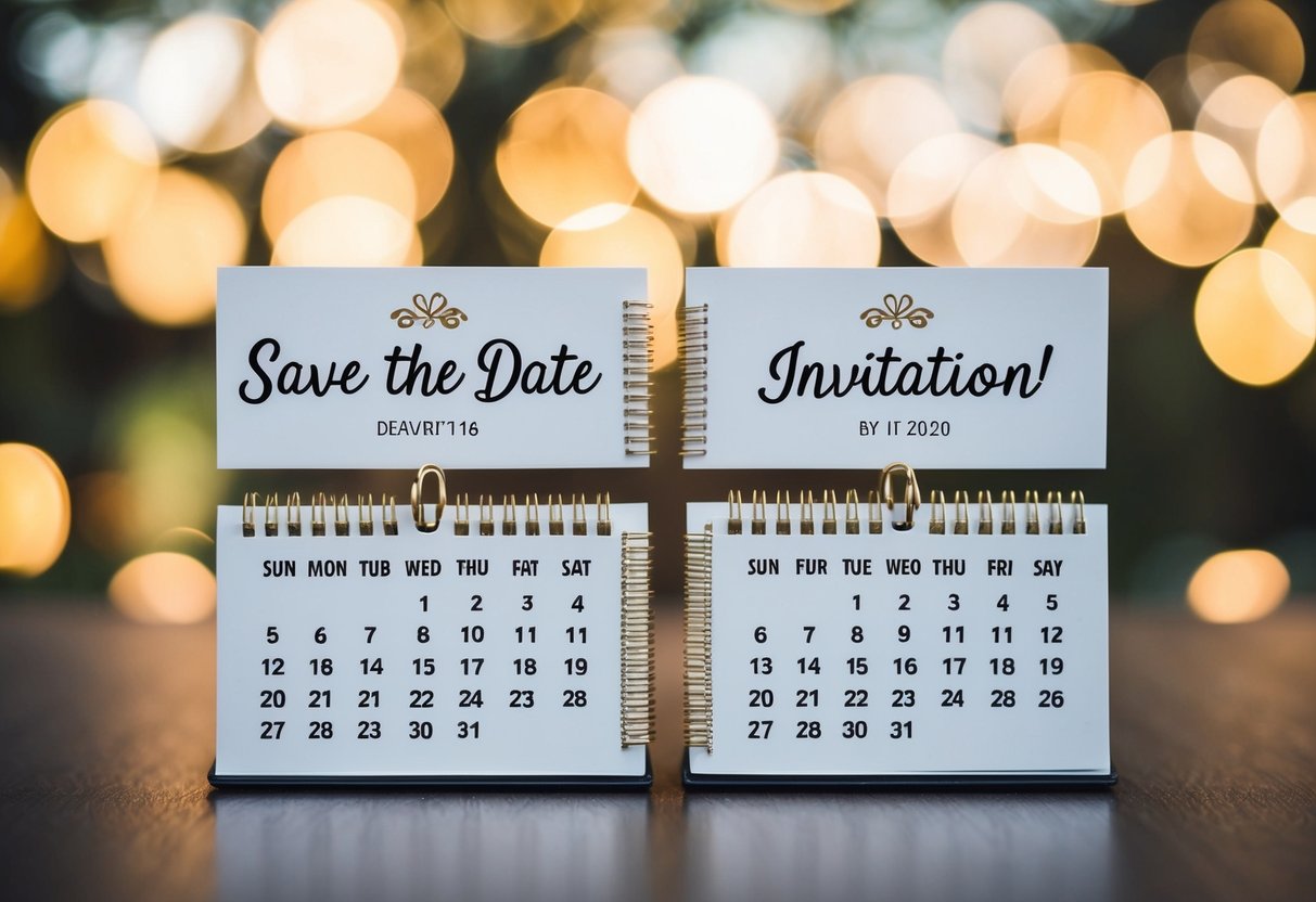 A calendar with a "Save the Date" card and an "Invitation" card marked 16 months apart
