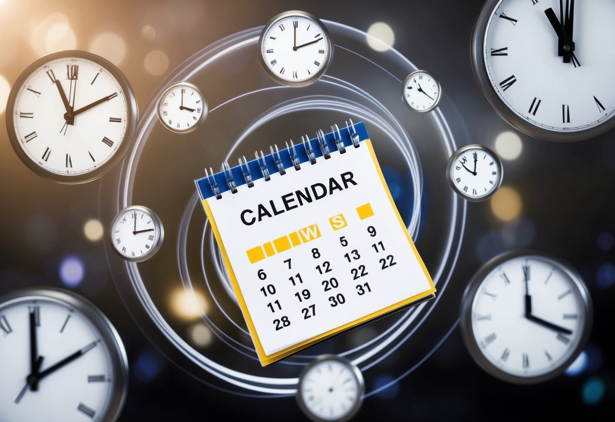 A calendar with a marked date, surrounded by swirling clock hands indicating the passing of time