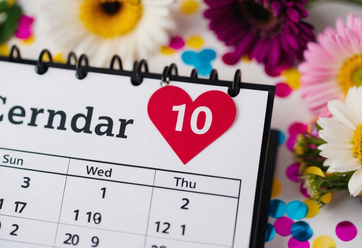 A calendar with a heart-shaped sticker marking the date, surrounded by flowers and confetti