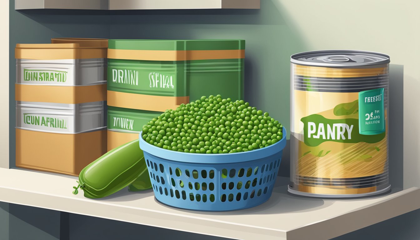 A pantry shelf with expired canned peas next to a trash bin