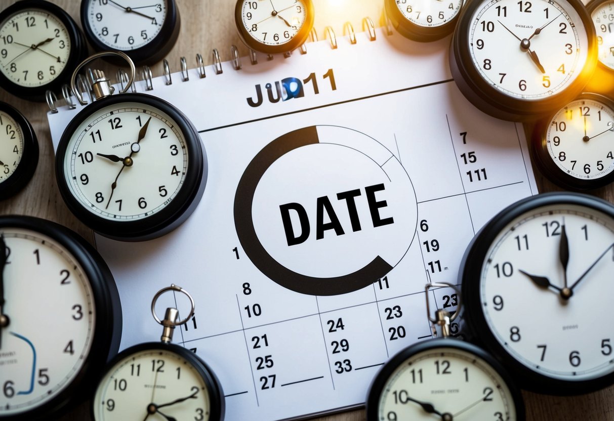 A calendar with a circled date, surrounded by scattered clocks showing different times